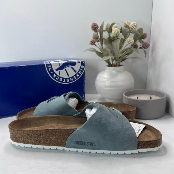 Birkenstock Vaduz Suede Slide Light Blue Soft Footbed Men 13/EU46 NWB Regular Fi - Picture 7 of 8